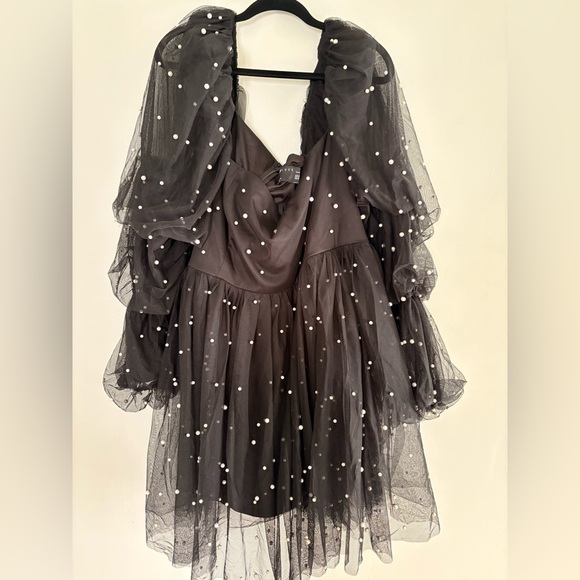 ASOS Luxe Curve Black Pearl Embellished Tulle Babydoll Mini Dress BNWT Plus Size - Picture 3 of 10